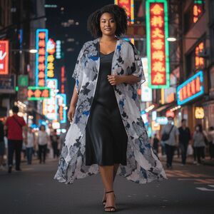 Boutique Plus Sheer Kimono Abstract Artsy Print Blue‎ Pink Black Size 2X - 3X